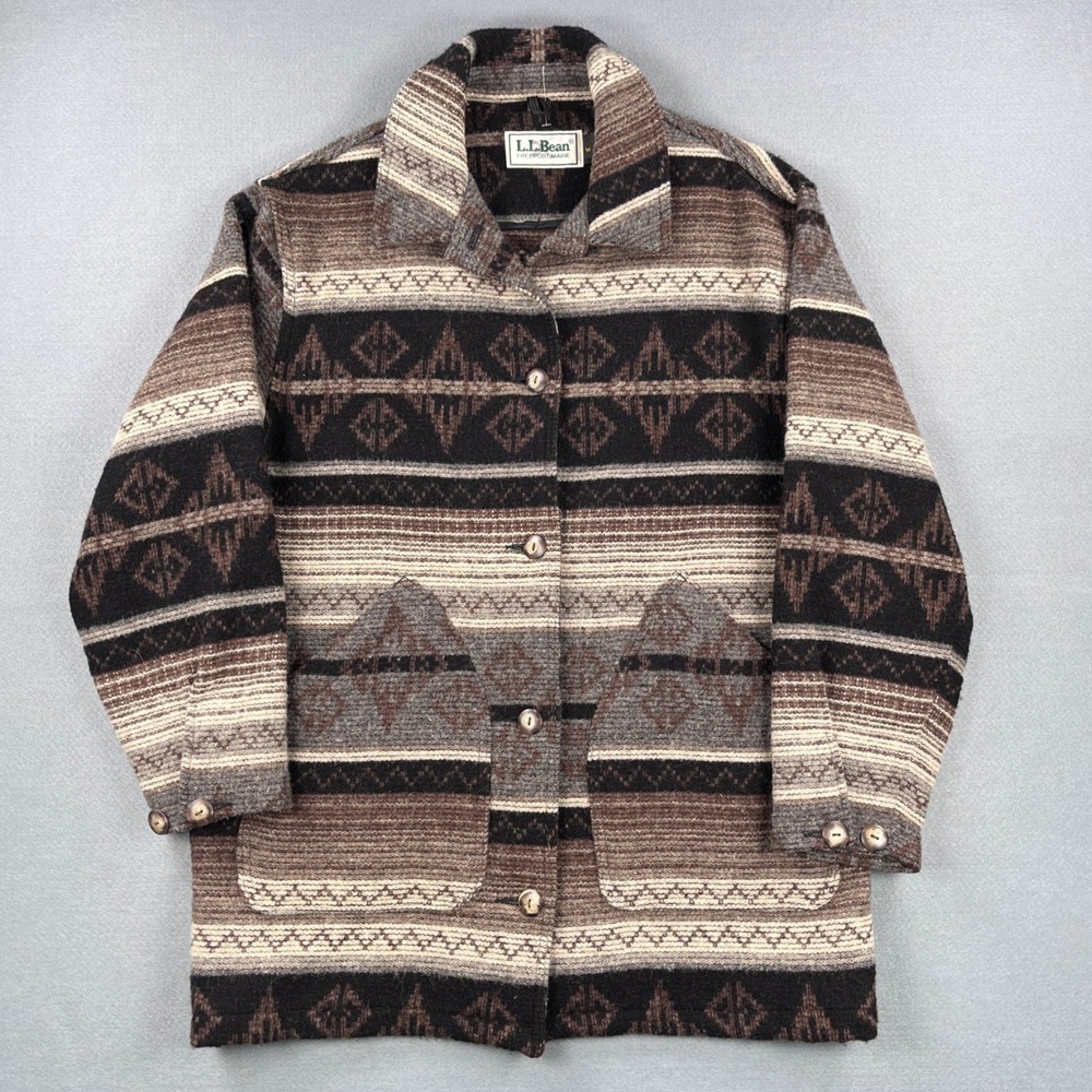 LL Bean Mens Southwestern Aztec Wool Blend Chore Coat Brown Made in USA Medium